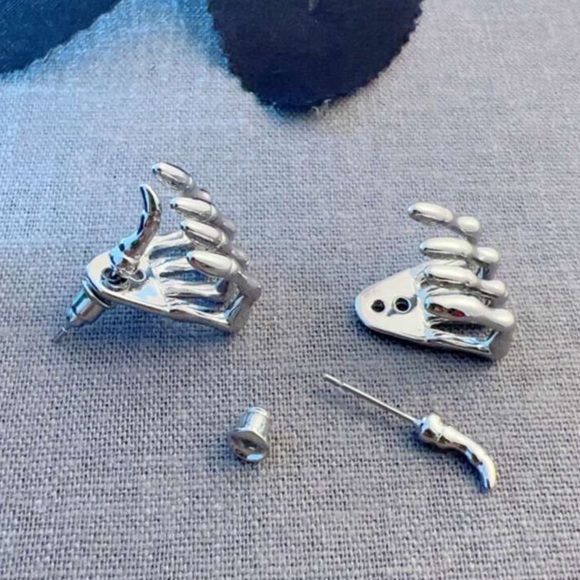 Any 4/$25! Silver Skeleton Hand Studs w/Jacket Backs Earrings - Picture 2 of 7